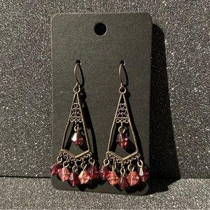 Brassy/bronze and pink faux crystal dangle earrings